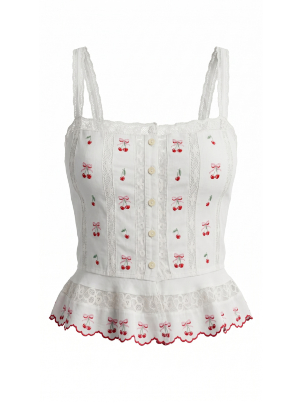 LoveShackFancy Vietta Cotton Cherry Embroidered Lace Crop Top Optic White XL